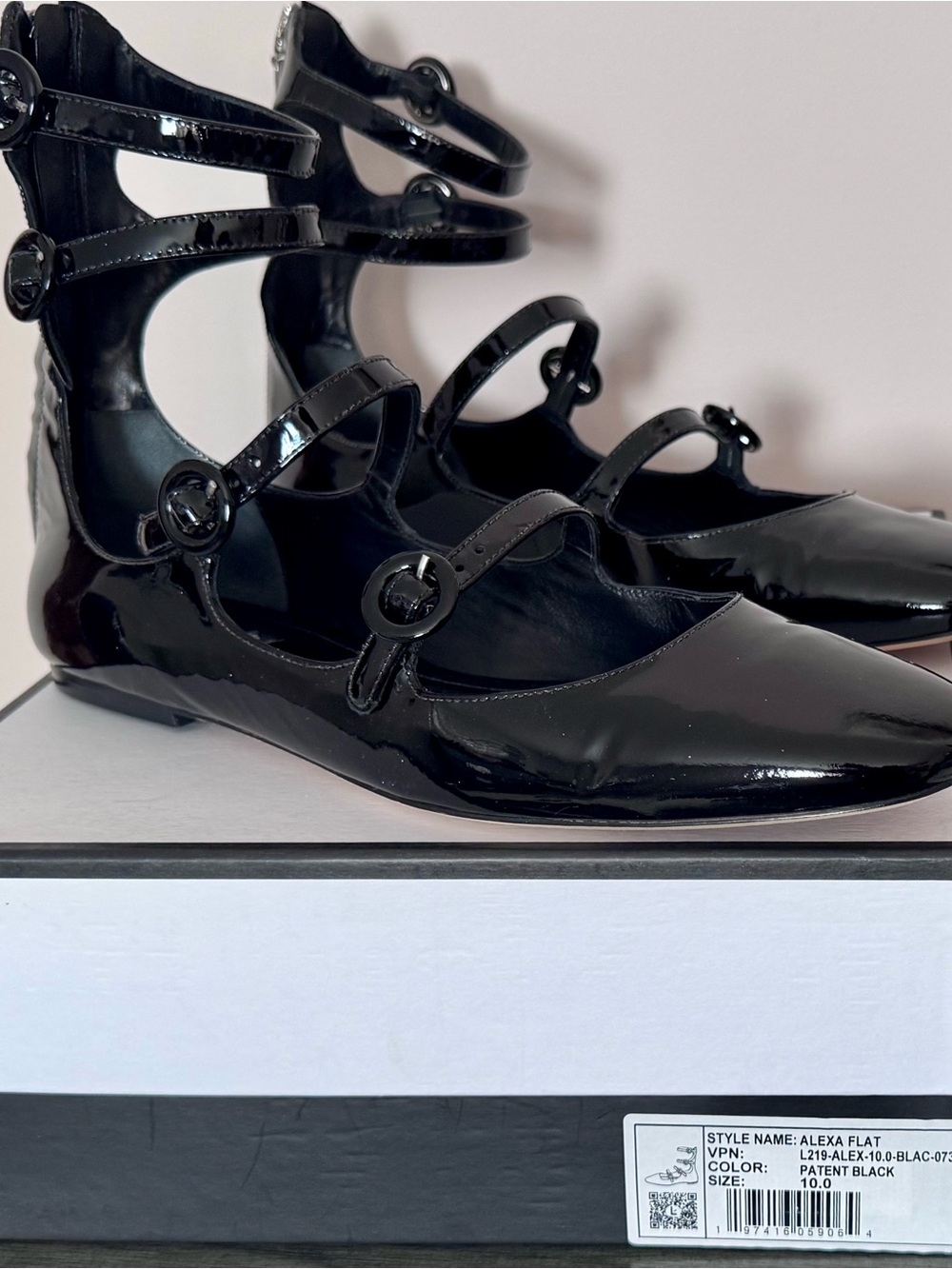 Larroude Patent Black Strappy Alexa Flats
